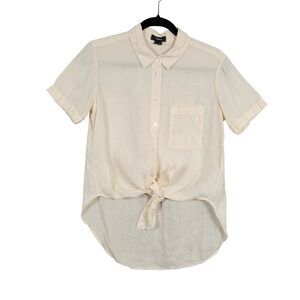 THEORY Cream Linen Hekanina Short Sleeve Tie Waist Button Top SIZE P US XS 0